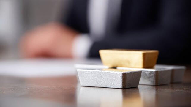 gold and silver bars on desk businessman investing in precious metals concept