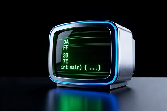 Retro Computer Monitor Displaying Hex Code and C Programming Syntax