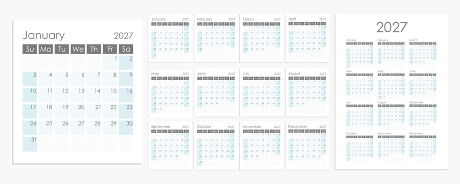 2027 calendar layout on white background, every month is on a separate page and the whole year calendar is on one page. Week starts on Sunday. Vector design.