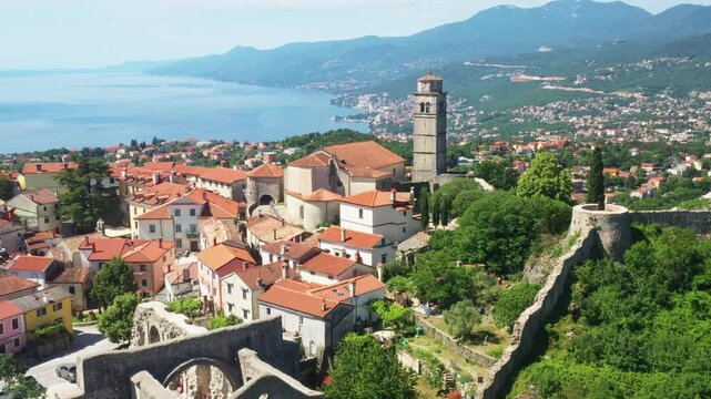 Aerial view of old town of Kastav above Kvarner bay in Croatia
