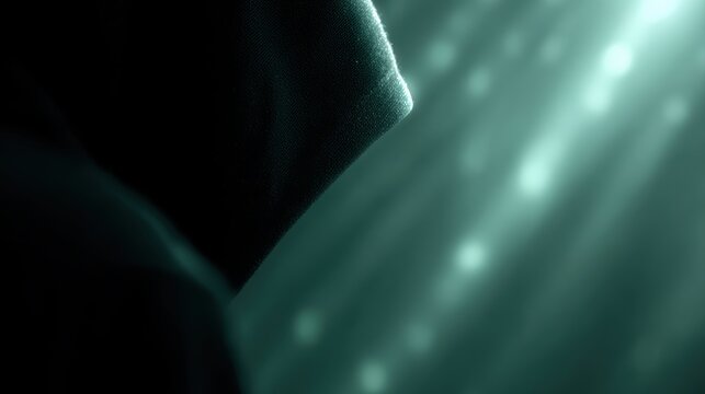 anonymous hacker surrounded by glowing digital code streams cybersecurity threat concept