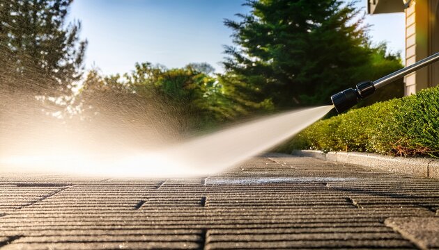 ample copy space captures the action of high pressure cleaning on driveways