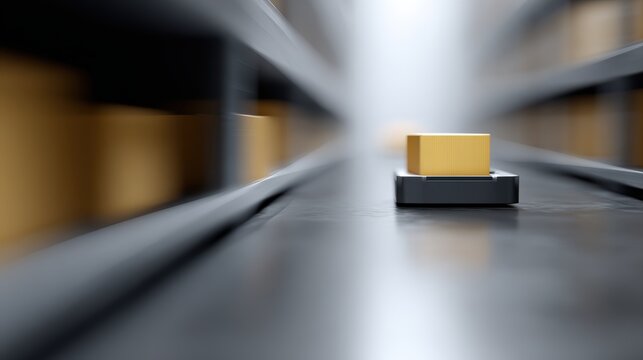 autonomous mobile robot carrying packages along warehouse aisle logistics automation concept