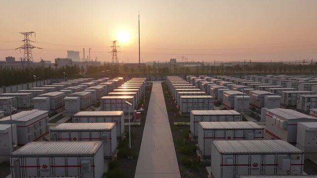 neatly arranged energy storage container power station under the setting sun