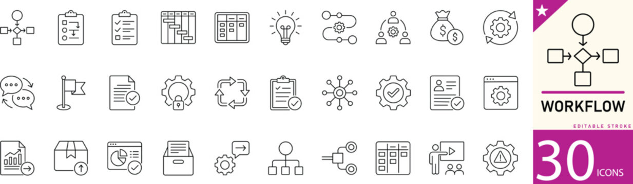 Workflow line icon set for process management, automation, task flow, productivity, and business operations. Editable vector icons for project management tools, business platforms, and workflow system