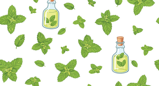 Seamless pattern with fresh green mint leaves and glass bottles containing aromatic mint oil or herbal extract on a white background.