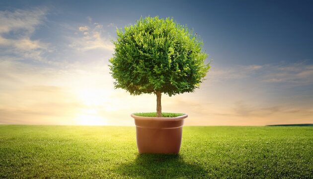 earth day celebration with green tree in pot on grassy field