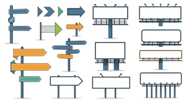 Extensive collection of blank billboard templates and road direction signs in various sizes and shapes for advertising and urban navigation.
