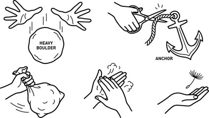 Metaphorical Concept Vector Icon Set Showing Heavy Boulder Release, Cutting Anchor Rope, Carrying Baggage, Rubbing Hands, and Holding Dandelion Seed Symbols © Md Shujan islam