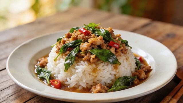 Home cooked pad ka praow moo sap, rice plate, top view