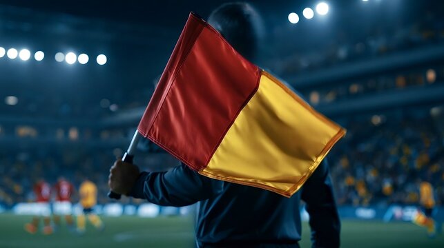 Assistant referee holding offside flag during soccer match