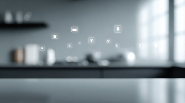 blurred kitchen background with floating smart home interface icons representing connected devices