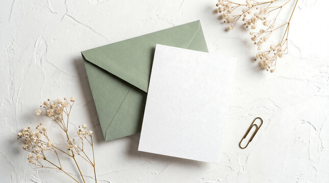 Blank white card and sage green envelope mockup with dried flowers