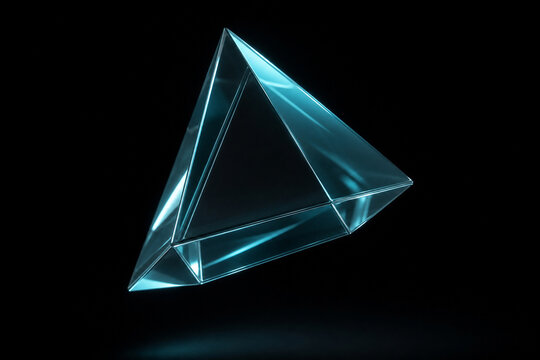 Floating Transparent Glass Tetrahedron Prism on Black Background