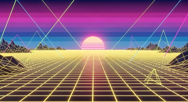 Retro Sunset Grid Landscape With Neon Laser Lights And Pixelated Mountains