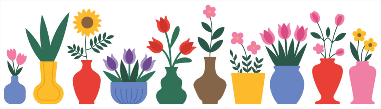 Colorful flowers in ceramic vases and pots horizontal border set isolated on a white background