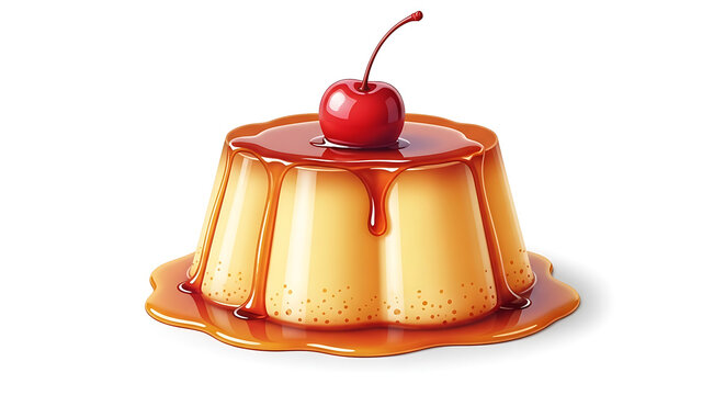 Delicious flan dessert with caramel and cherry isolated , sweet custard pudding with topping on white background
