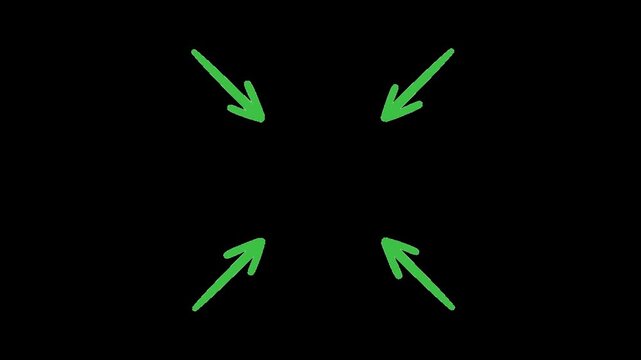 Animated graphic with converging green arrows pointing towards the center on a black background symbolizing convergence focus and direction perfect for presentations and data visualization