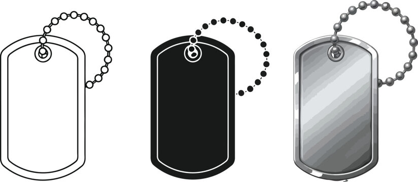 Collection of three dog tag icons including outline solid black and metallic styles on a white background for military or identification concepts