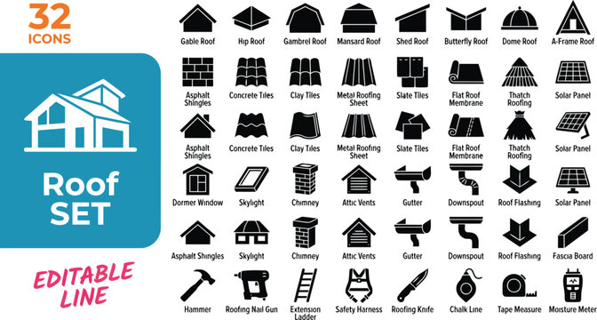 House roof types and construction materials vector icon set, black silhouettes of roofing types, tiles, tools, and accessories isolated on white background
