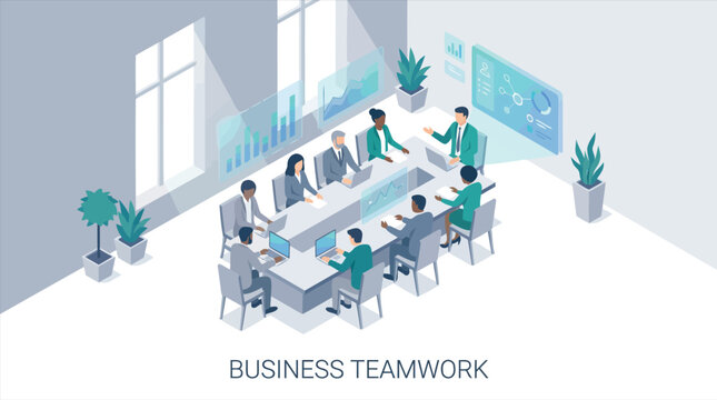 Corporate business teamwork and financial data analysis isometric vector