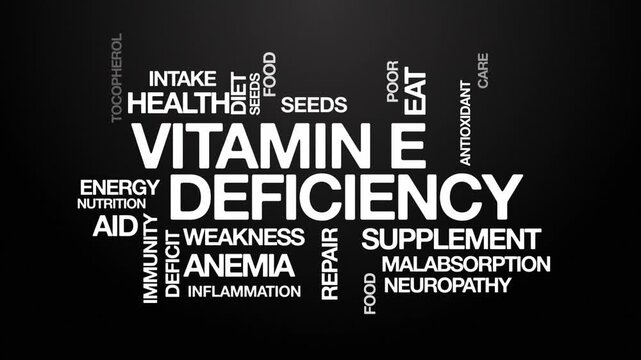 Vitamin E deficiency concept Animated Tag Word Cloud kinetic typography, Text Design Animation typography seamless loop video motion graphics Intro Wordart white type on black background bg  backdrop
