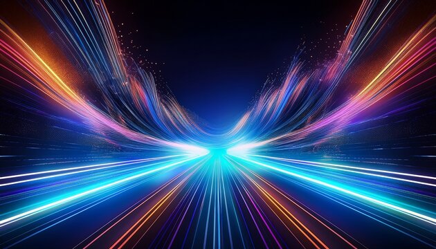 abstract image of speed motion on the road glitter light fire flare trace dark blue abstract background with ultraviolet neon glow blurry light lines waves
