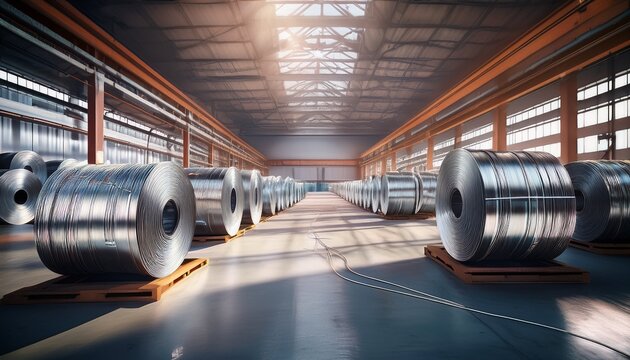 aluminum wire coils stored in an industrial warehouse generative ai