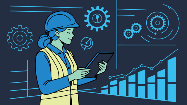 A worker in a hard hat examines data on a tablet amidst industrial gears and graphs.