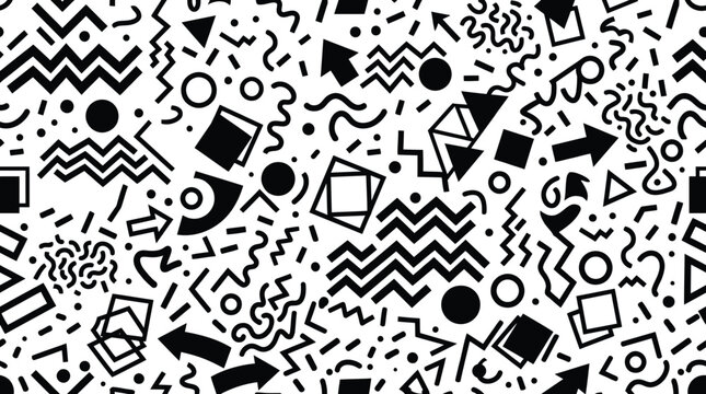Geometric shapes and wavy lines pattern black and white abstract design