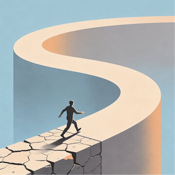 Decision Paths as a figure stepping from a fragmented path onto a smooth continuous structure, explicit metaphor for commitment and confident forward movement.eps