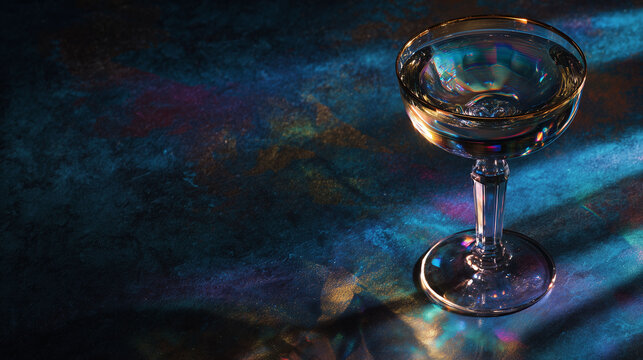 Elegant crystal cocktail glass with colorful neon light reflections on a dark textured surface