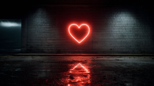 Red glowing neon heart sign on a dark brick wall with puddle reflection on a rainy night