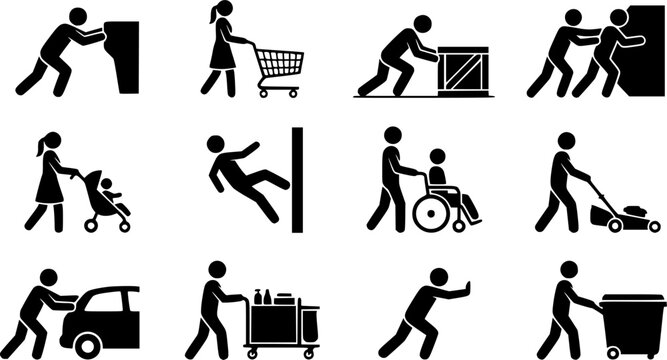 People pushing pose silhouette icon set, flat black glyph 
style