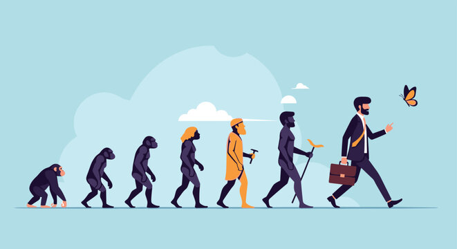 Human evolution timeline showing the progression from ancient primates to a modern professional man walking toward a butterfly in the sky.