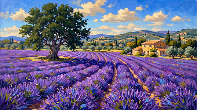Oil painting of a vibrant lavender field in Provence, with a golden farmhouse, ancient oak, and cobalt blue sky, bees hovering above.