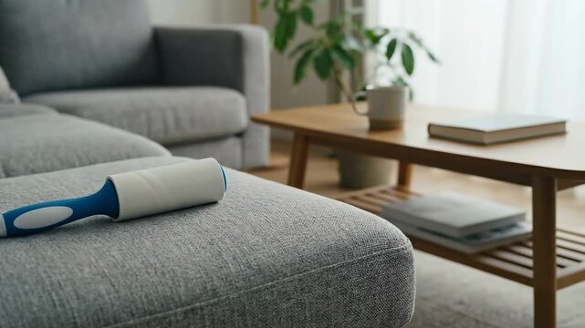 Lint roller sits on grey couch in bright living room. Natural light streams through windows. Green plants add freshness. Concept of home cleaning, interior design, furniture care