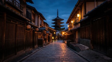 Fototapeta premium Historic Kyoto street at dusk with a pagoda in the distance