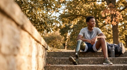 Fototapeta premium Young athlete with prosthetic leg resting after workout in park