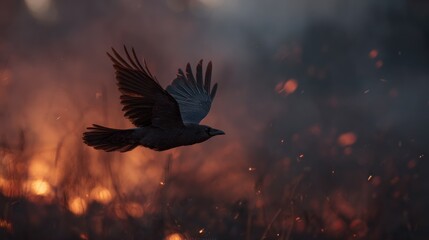 Obraz premium Raven in flight against a fiery backdrop