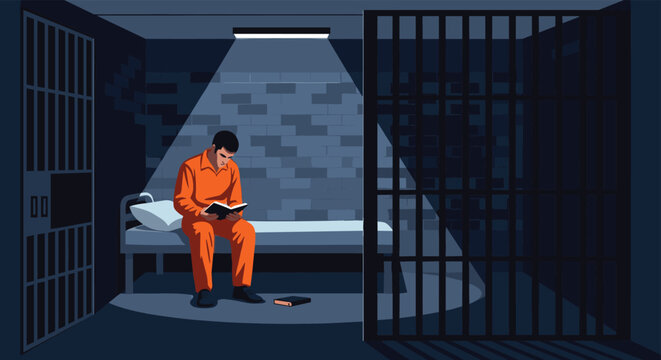 Solitary prisoner wearing an orange jumpsuit sitting on a prison bed and reading a book in a dark, barred jail cell.