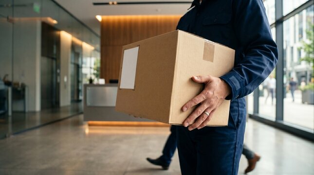 Close up of couriers hands holding cardboard parcel box in modern office lobby