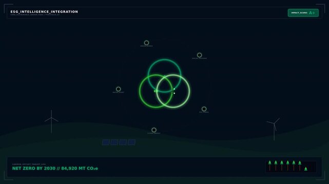 Dynamic motion of interconnected green circles with digital data points and glowing effects illustrating modern technology data visualization and network connectivity.