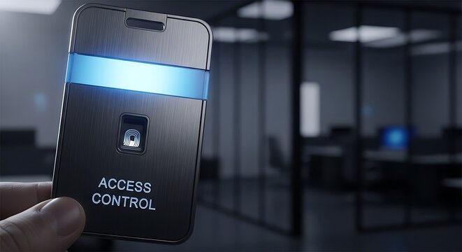 Modern office access control system with fingerprint scanner and glowing blue light security concept