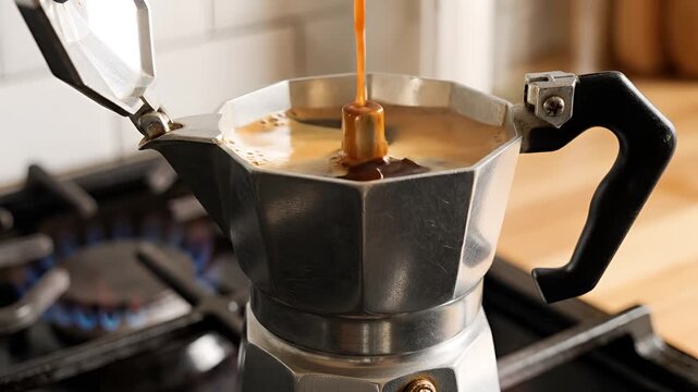 Brewing rich espresso coffee in a vintage stovetop moka pot on a gas burner.