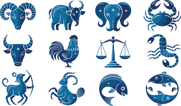 Set of twelve blue and white zodiac signs icons for astrology and horoscopes design elements