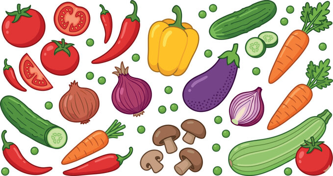 

Colorful Fresh Vegetable Collection Set with Tomato Pepper Carrot Eggplant Mushroom and Zucchini Flat Vector Illustration