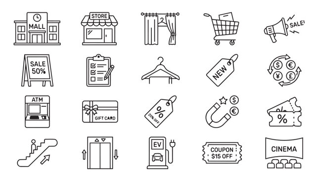 Hand drawn set of shopping mall and retail store icons in line art style with shopping, business