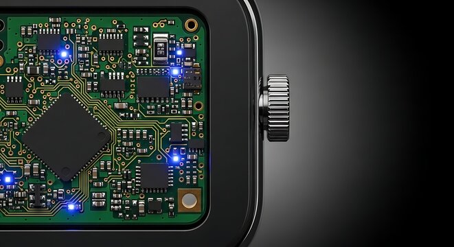 Close-up of a complex electronic circuit board inside a modern device with glowing blue LEDs and a metallic dial, representing advanced technology and innovation