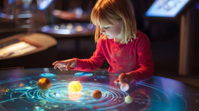 Young child exploring an interactive holographic solar system display in a science center, perfect for STEM education and innovation themes.